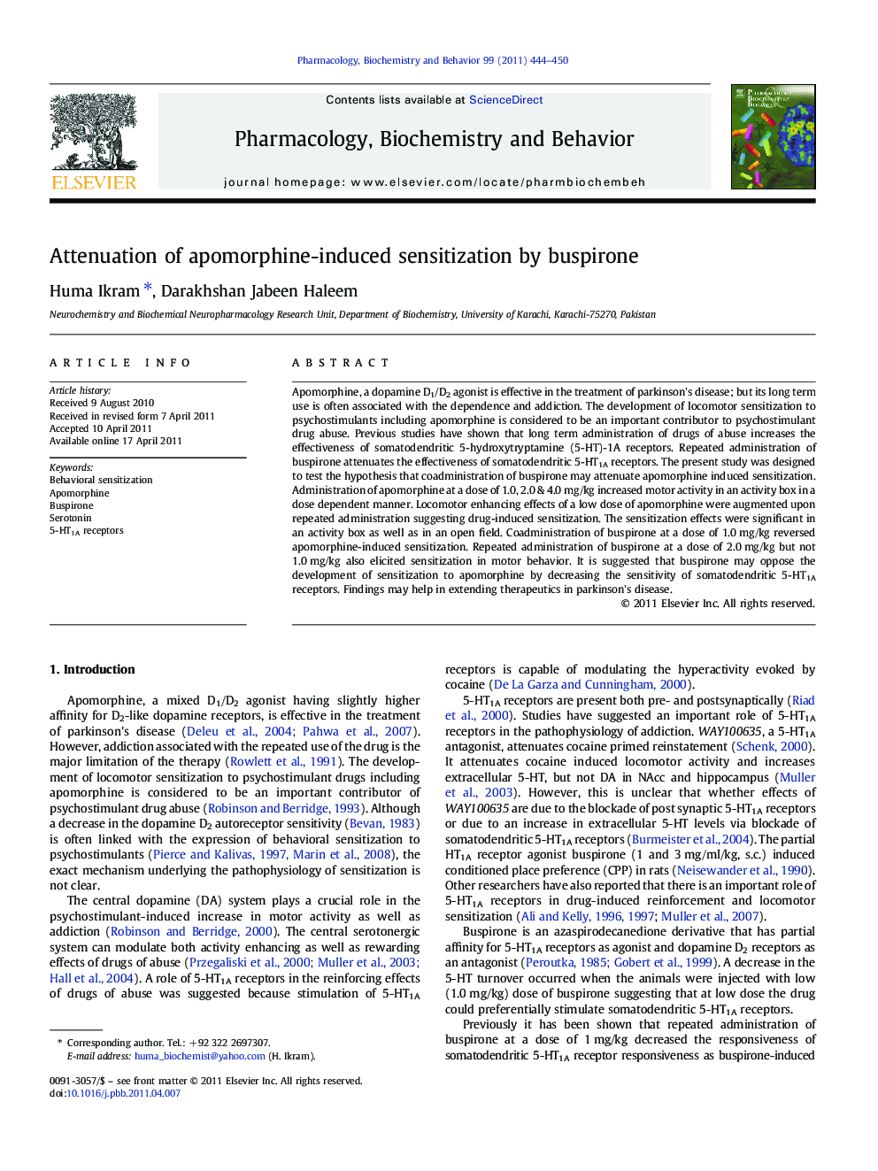 Attenuation of apomorphine-induced sensitization by buspirone