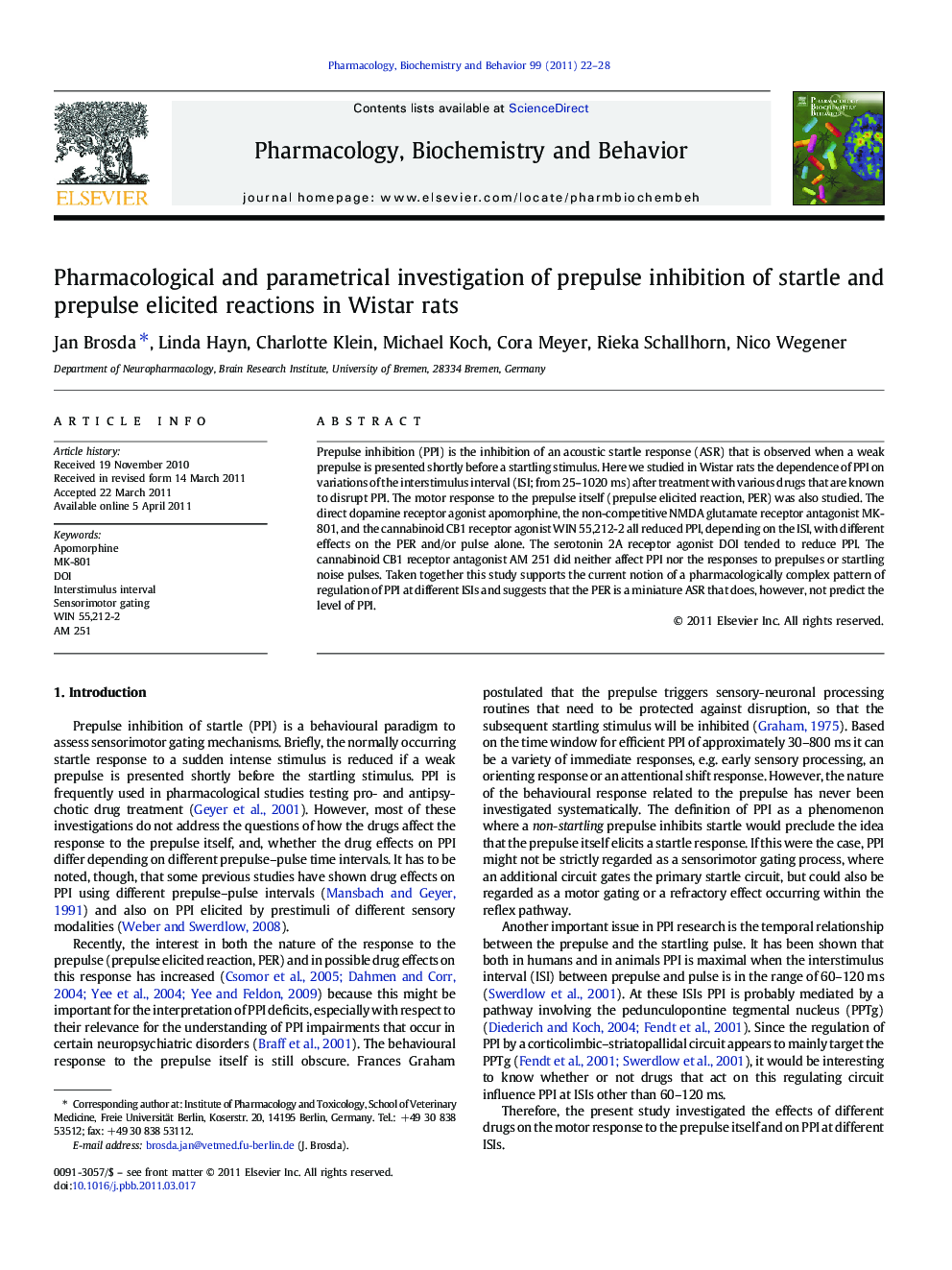 Pharmacological and parametrical investigation of prepulse inhibition of startle and prepulse elicited reactions in Wistar rats