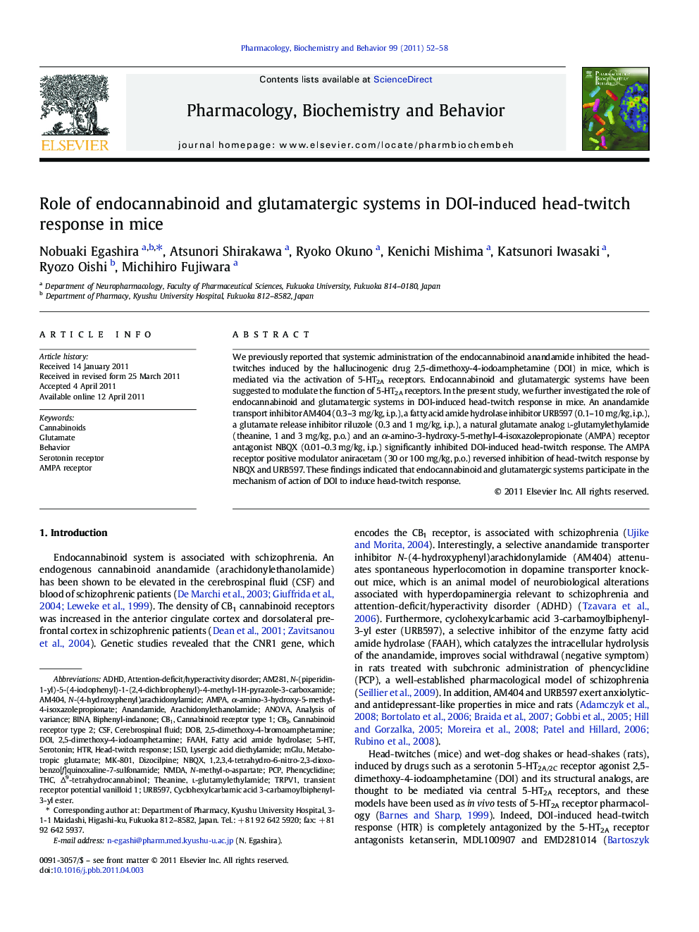 Role of endocannabinoid and glutamatergic systems in DOI-induced head-twitch response in mice