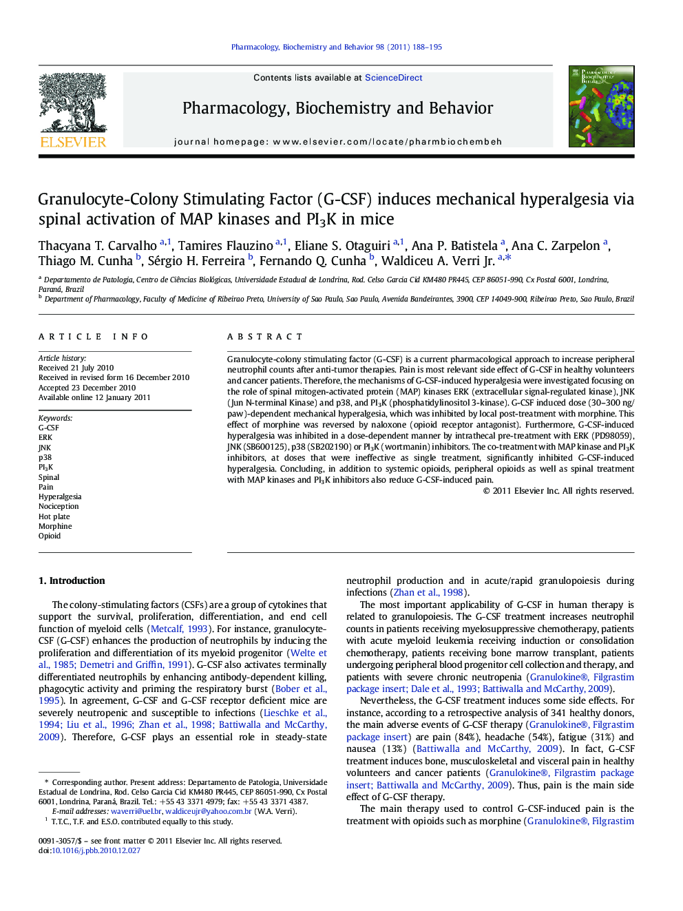 Granulocyte-Colony Stimulating Factor (G-CSF) induces mechanical hyperalgesia via spinal activation of MAP kinases and PI3K in mice