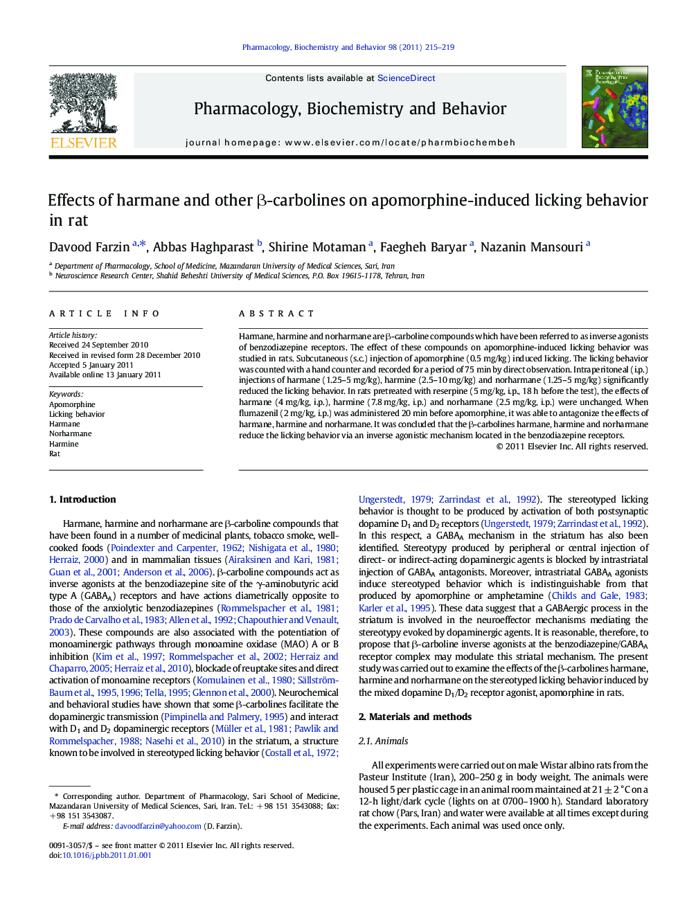 Effects of harmane and other Î²-carbolines on apomorphine-induced licking behavior in rat