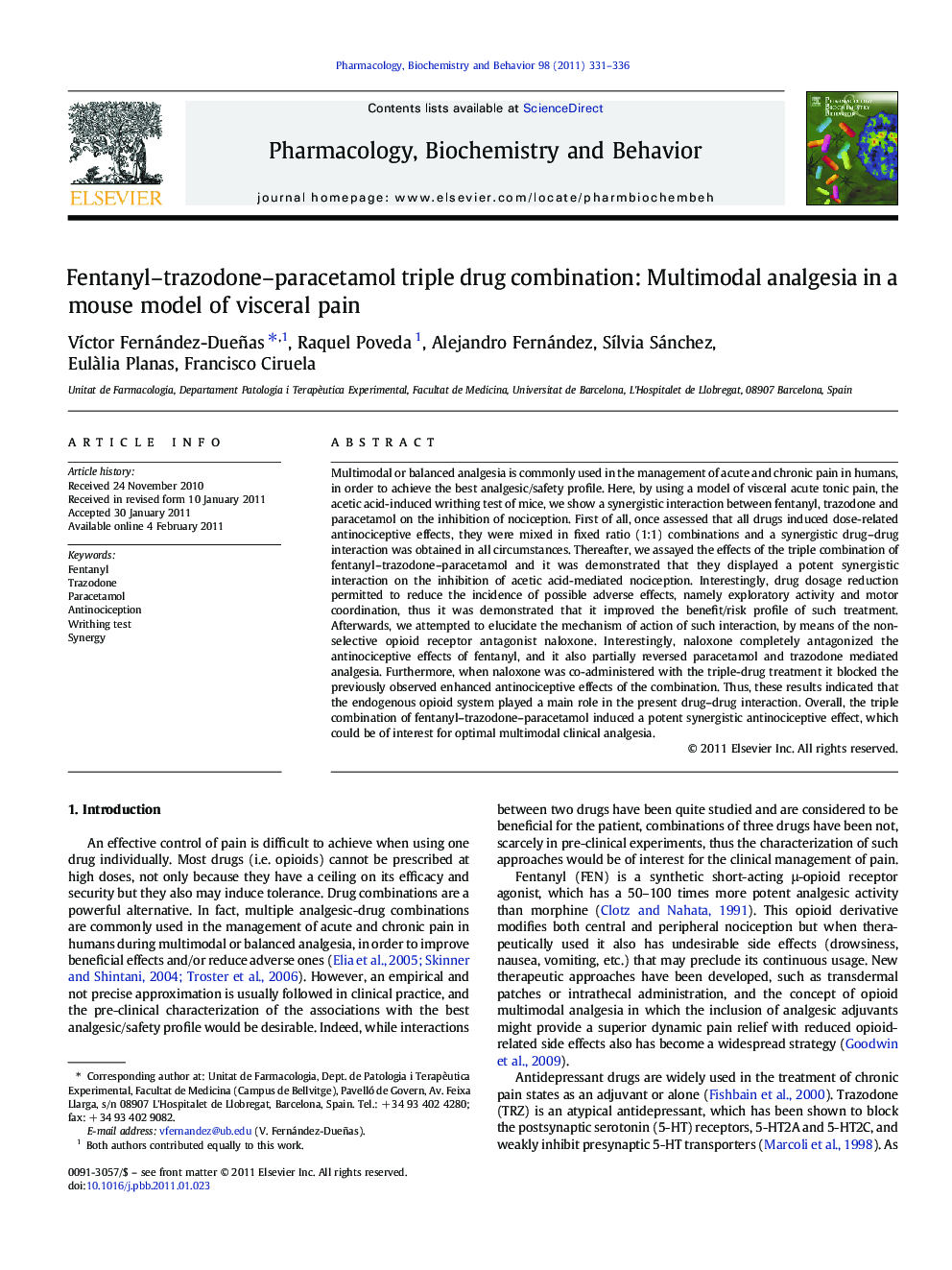 Fentanyl-trazodone-paracetamol triple drug combination: Multimodal analgesia in a mouse model of visceral pain