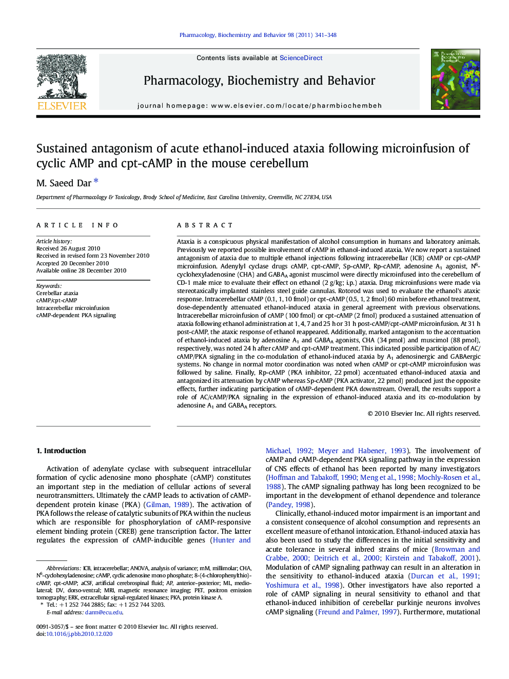 عکس صفحه اول مقاله: Sustained antagonism of acute ethanol-induced ataxia following microinfusion of cyclic AMP and cpt-cAMP in the mouse cerebellum Sustained antagonism of acute ethanol-induced ataxia following microinfusion of cyclic AMP and cpt-cAMP in the mouse cerebellum