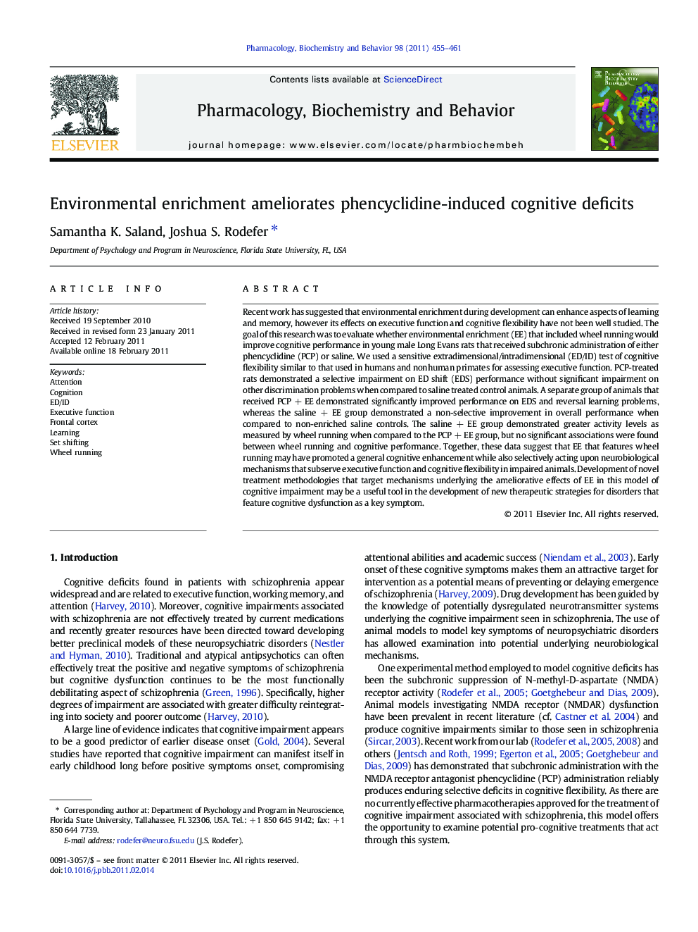 Environmental enrichment ameliorates phencyclidine-induced cognitive deficits