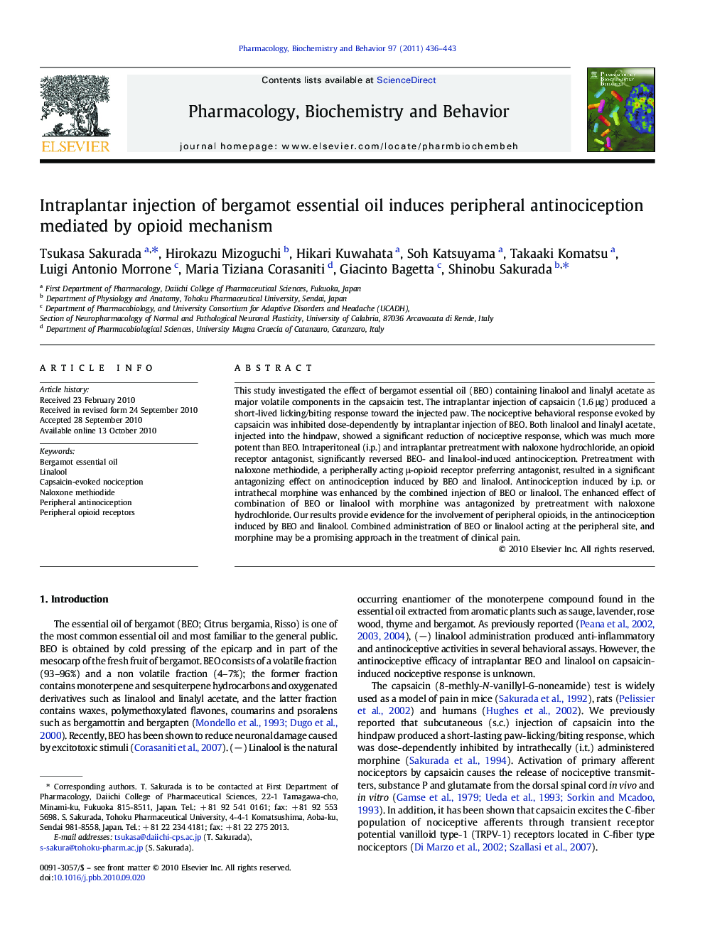 Intraplantar injection of bergamot essential oil induces peripheral antinociception mediated by opioid mechanism