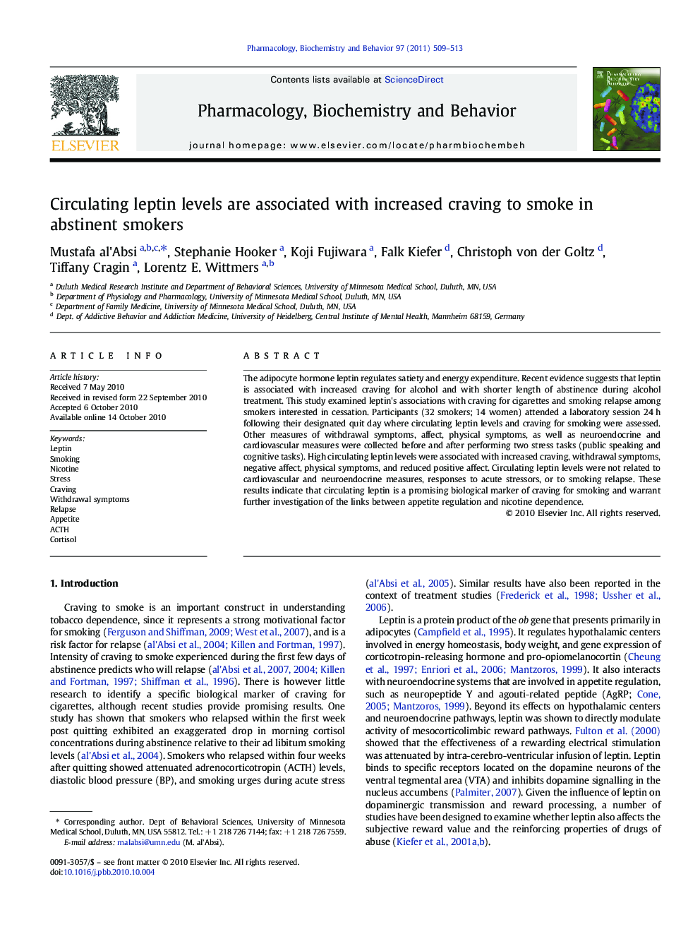 Circulating leptin levels are associated with increased craving to smoke in abstinent smokers