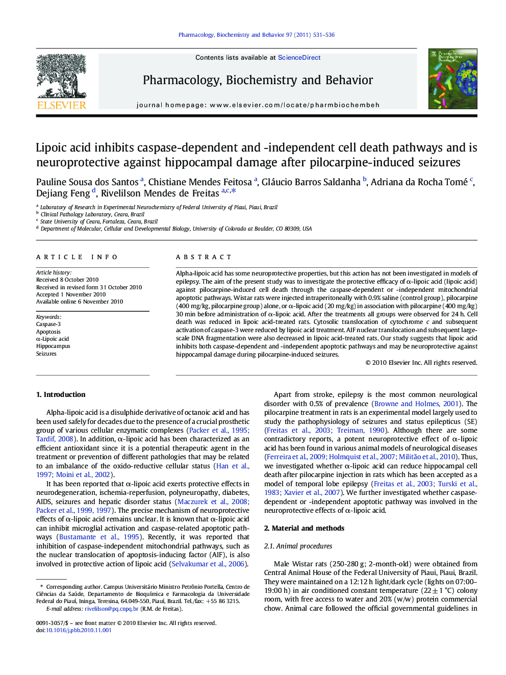 Lipoic acid inhibits caspase-dependent and -independent cell death pathways and is neuroprotective against hippocampal damage after pilocarpine-induced seizures