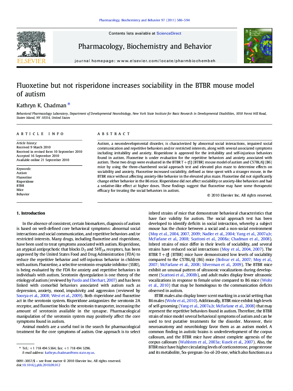 Fluoxetine but not risperidone increases sociability in the BTBR mouse model of autism