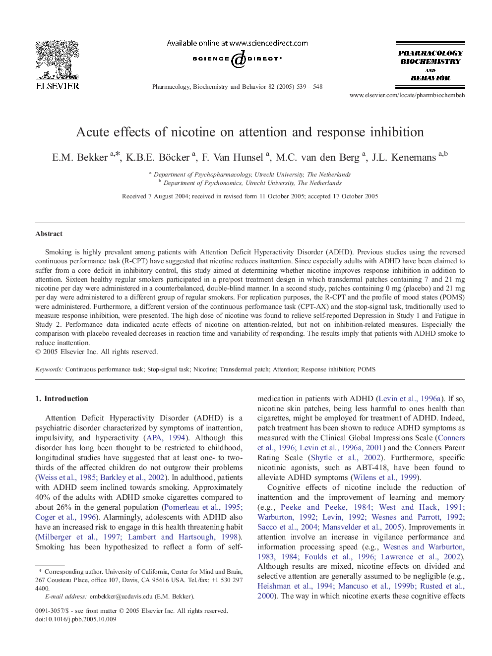 Acute effects of nicotine on attention and response inhibition