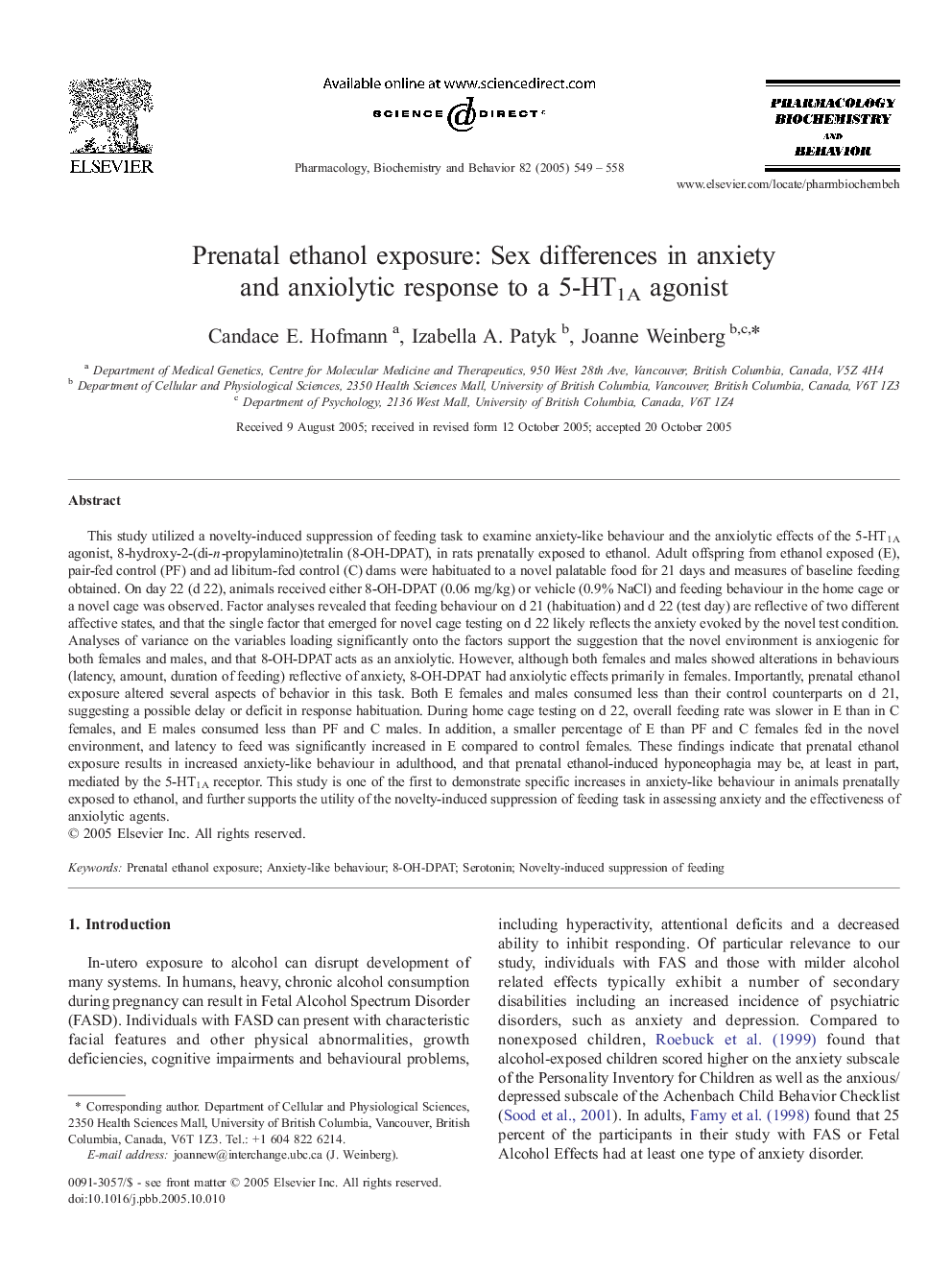 Prenatal ethanol exposure: Sex differences in anxiety and anxiolytic response to a 5-HT1A agonist