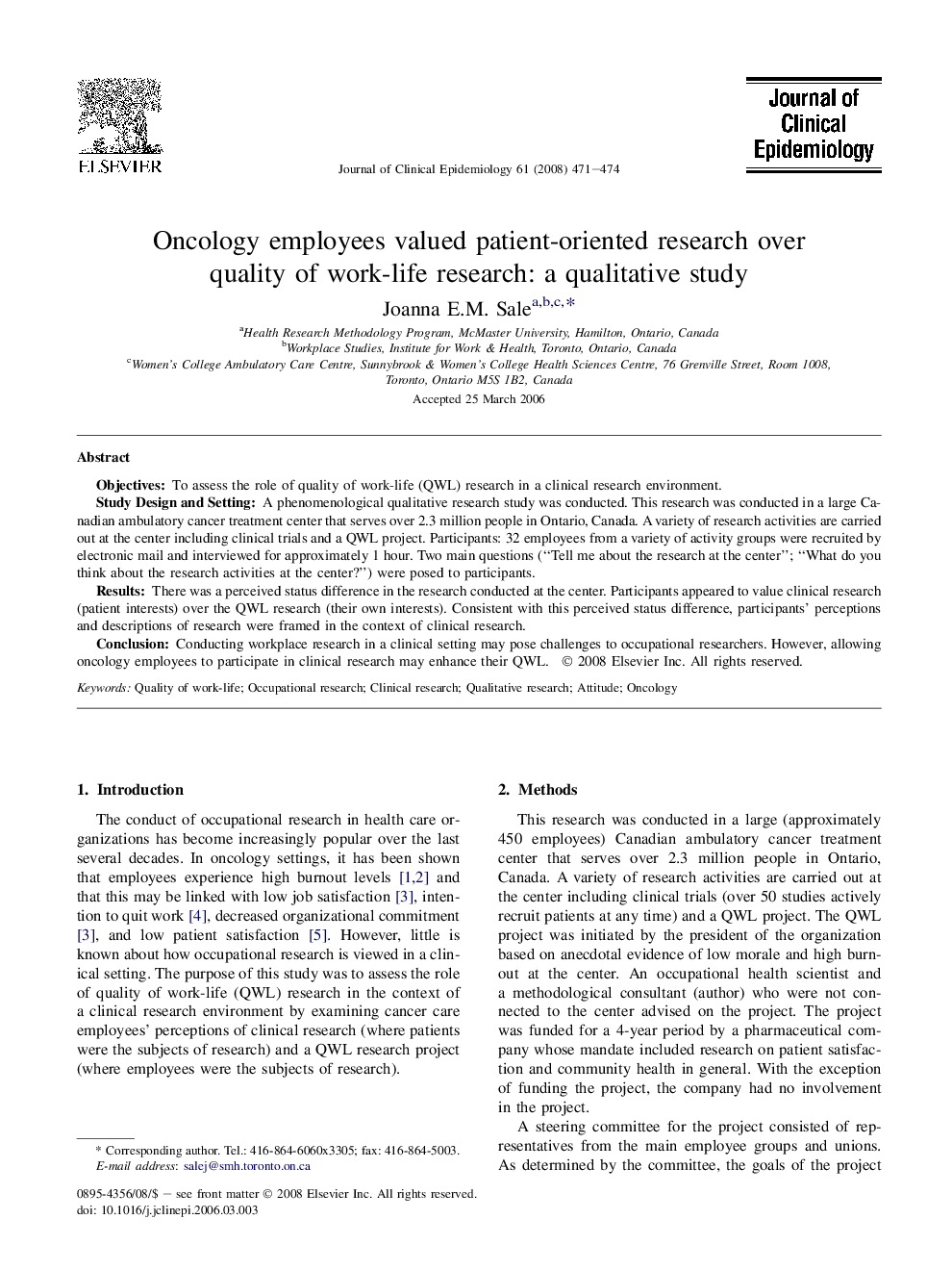 Oncology employees valued patient-oriented research over quality of work-life research: a qualitative study