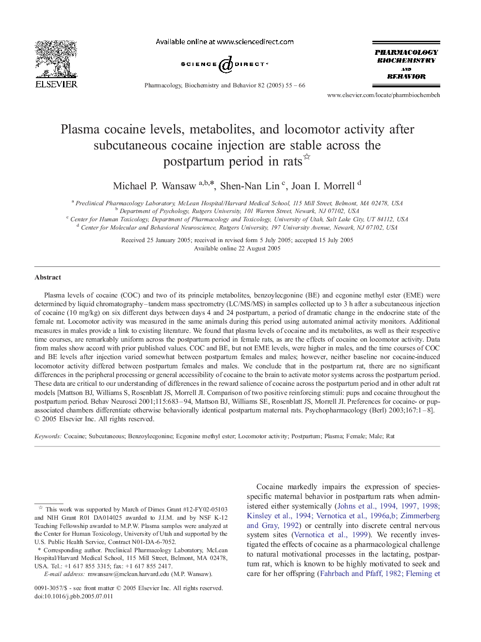 Plasma cocaine levels, metabolites, and locomotor activity after subcutaneous cocaine injection are stable across the postpartum period in rats