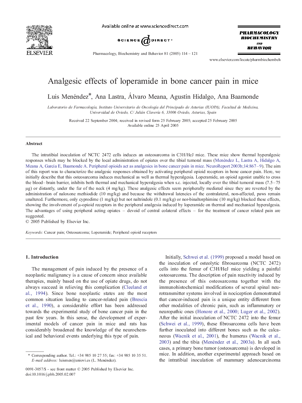 Analgesic effects of loperamide in bone cancer pain in mice