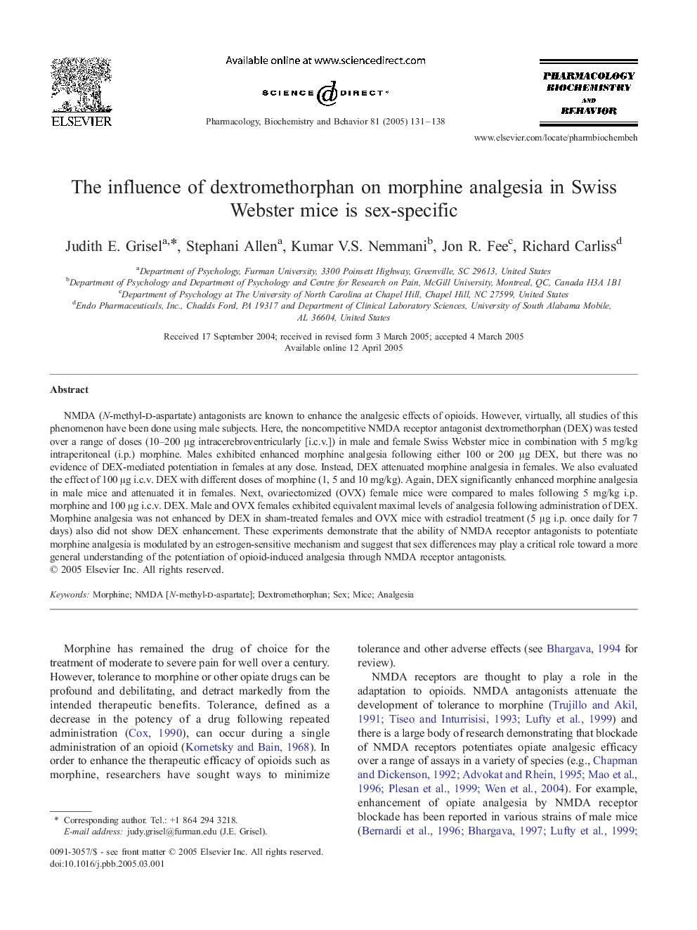 The influence of dextromethorphan on morphine analgesia in Swiss Webster mice is sex-specific