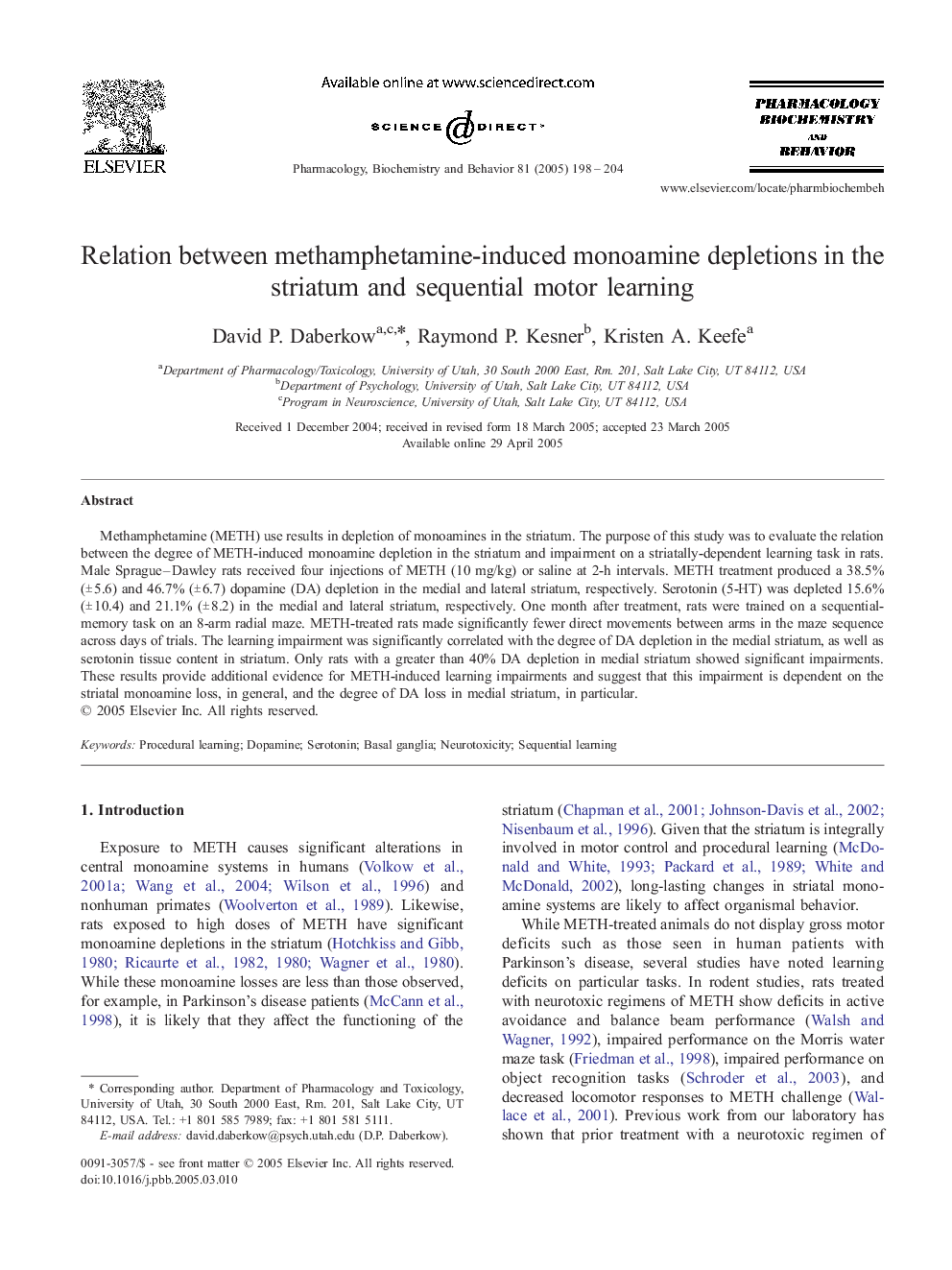 Relation between methamphetamine-induced monoamine depletions in the striatum and sequential motor learning