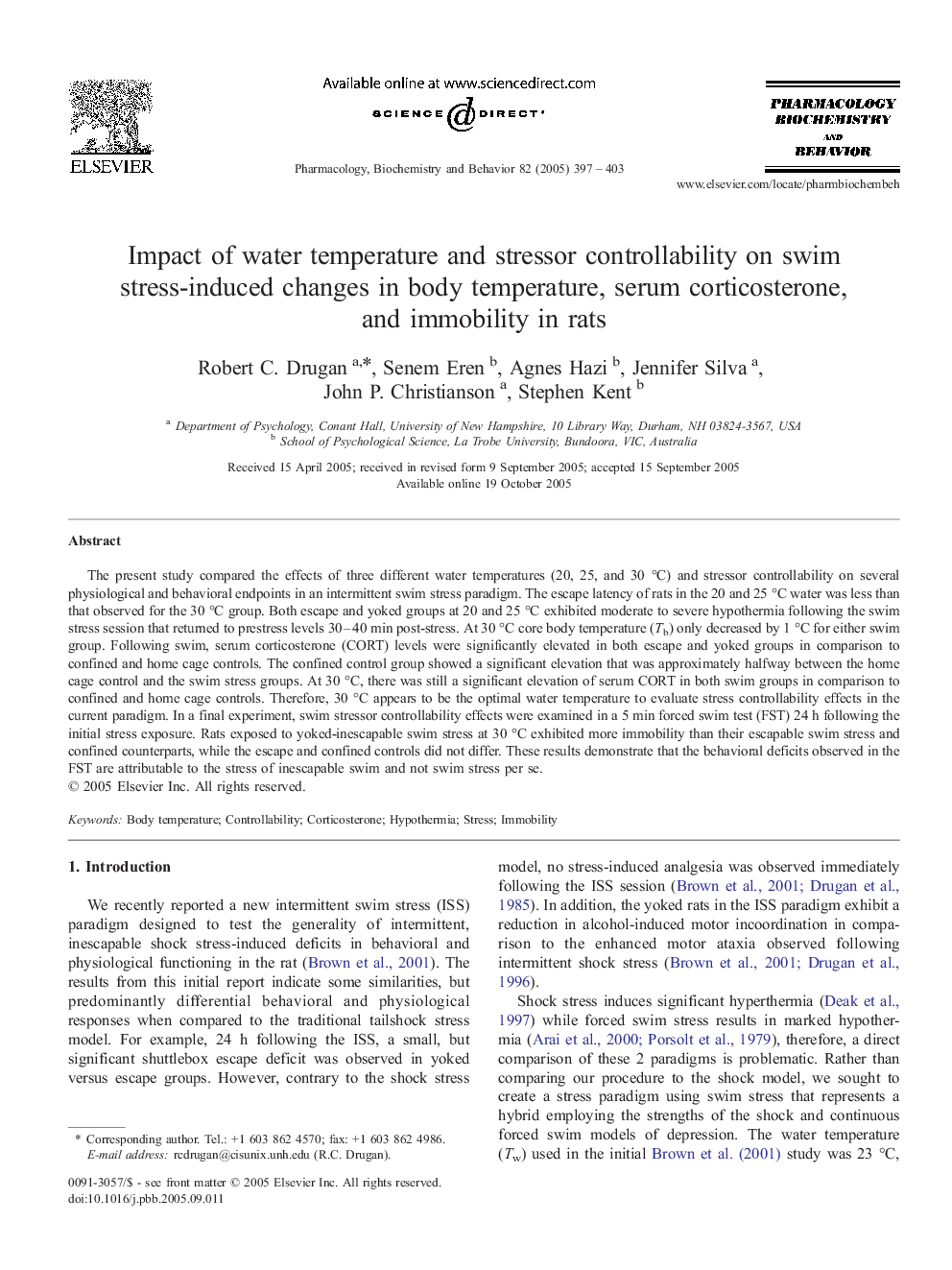 Impact of water temperature and stressor controllability on swim stress-induced changes in body temperature, serum corticosterone, and immobility in rats