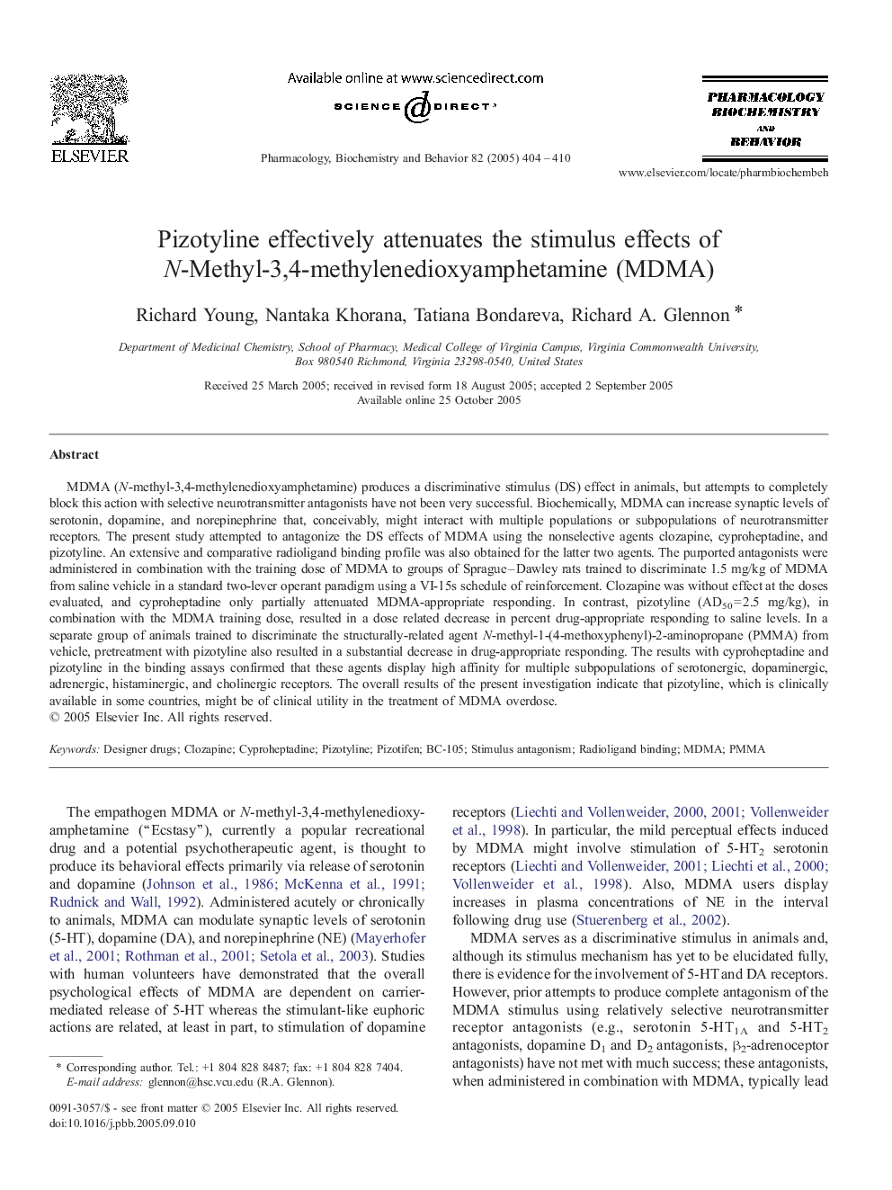 Pizotyline effectively attenuates the stimulus effects of N-Methyl-3,4-methylenedioxyamphetamine (MDMA)