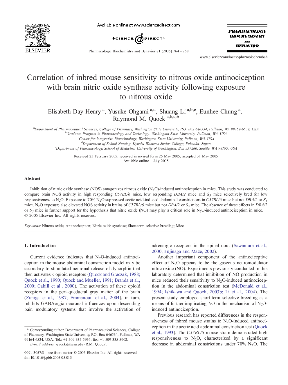 Correlation of inbred mouse sensitivity to nitrous oxide antinociception with brain nitric oxide synthase activity following exposure to nitrous oxide