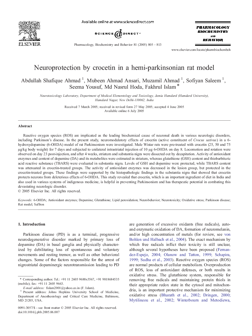 Neuroprotection by crocetin in a hemi-parkinsonian rat model