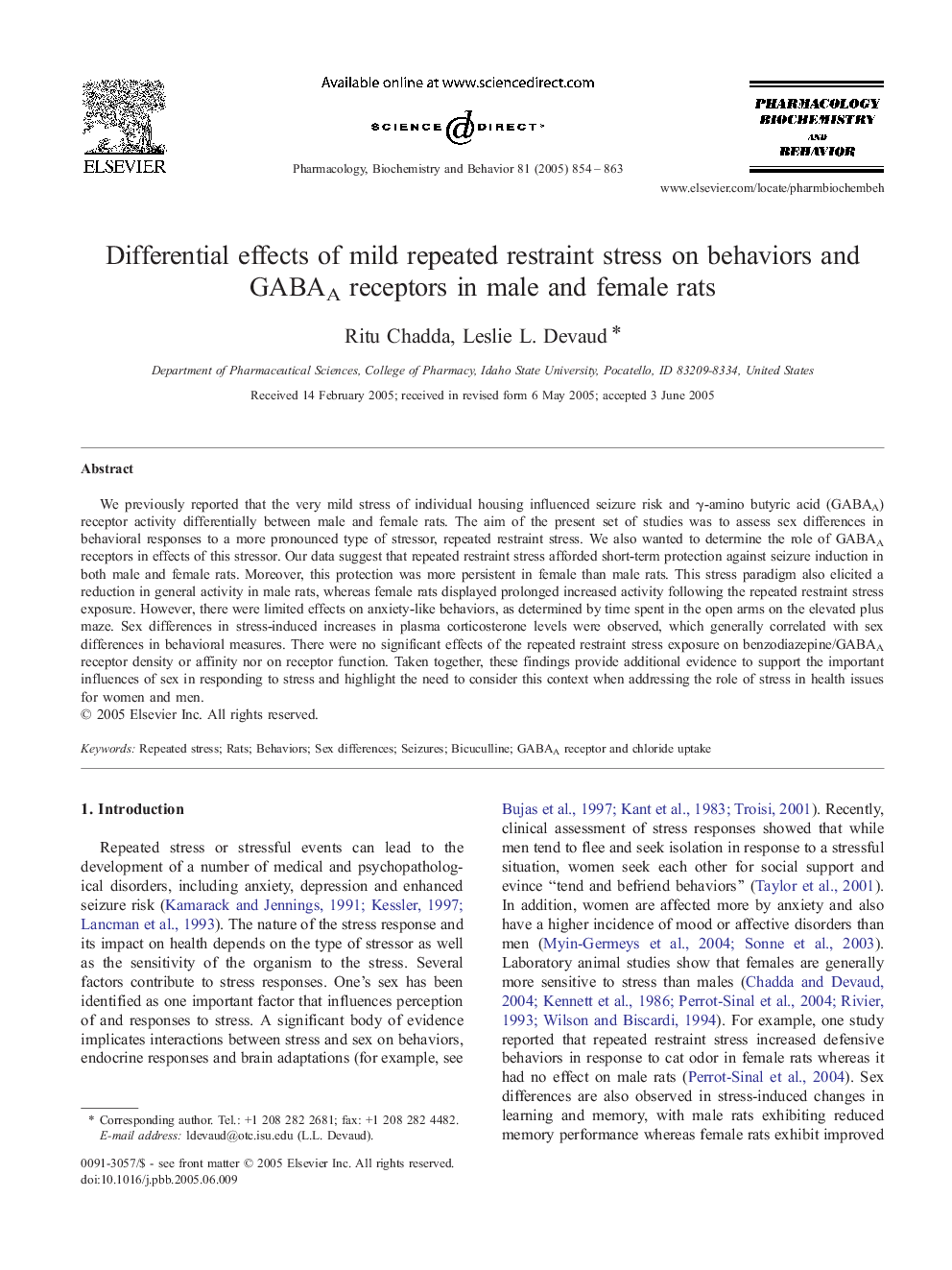 Differential effects of mild repeated restraint stress on behaviors and GABAA receptors in male and female rats