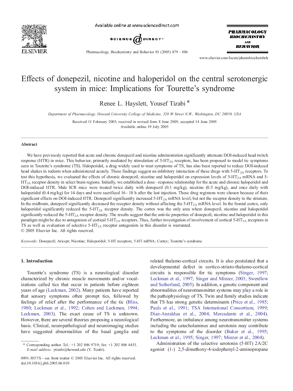 Effects of donepezil, nicotine and haloperidol on the central serotonergic system in mice: Implications for Tourette's syndrome