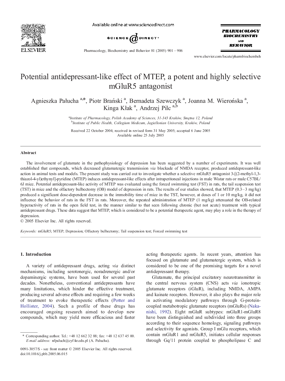 Potential antidepressant-like effect of MTEP, a potent and highly selective mGluR5 antagonist