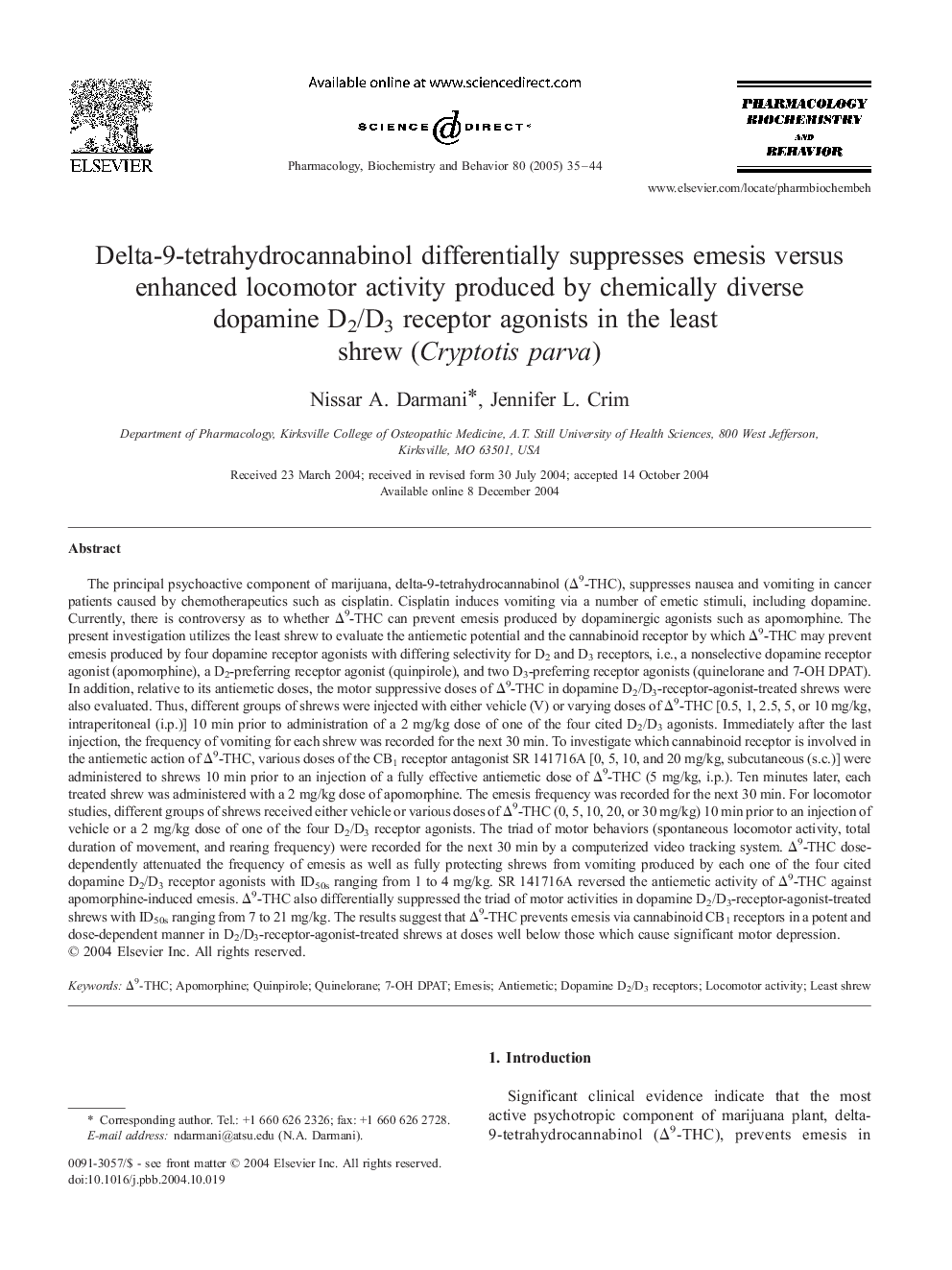 Delta-9-tetrahydrocannabinol differentially suppresses emesis versus enhanced locomotor activity produced by chemically diverse dopamine D2/D3 receptor agonists in the least shrew (Cryptotis parva)