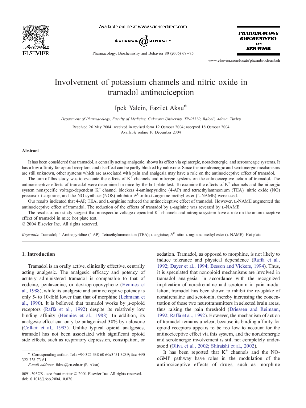 Involvement of potassium channels and nitric oxide in tramadol antinociception