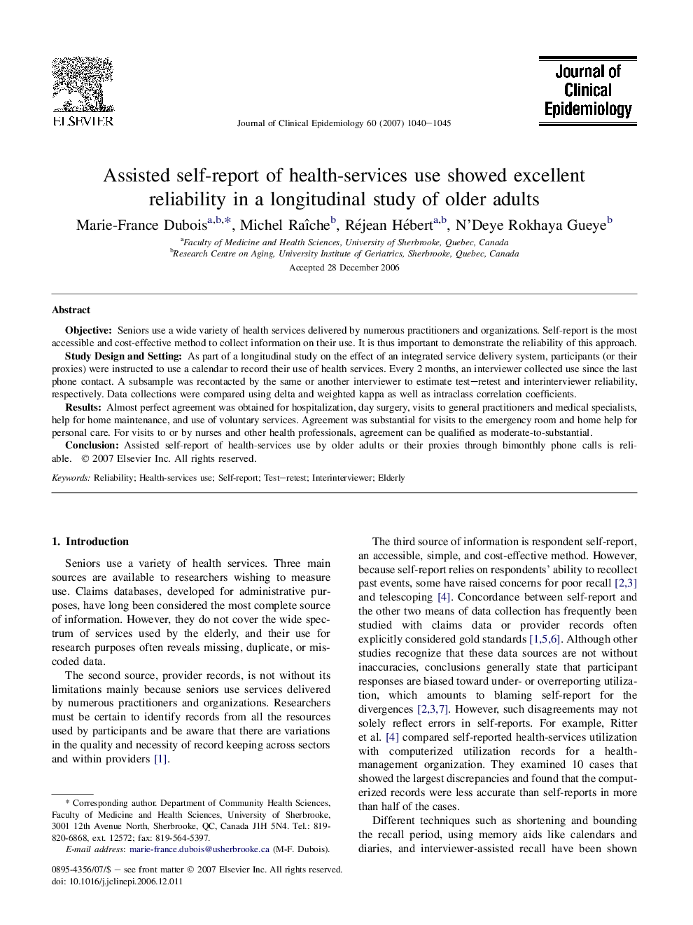 Assisted self-report of health-services use showed excellent reliability in a longitudinal study of older adults