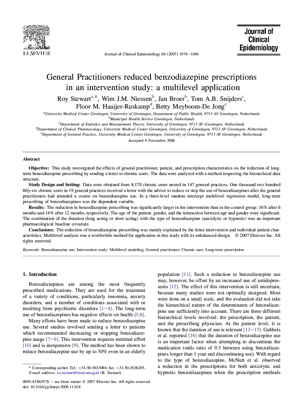 General Practitioners reduced benzodiazepine prescriptions in an intervention study: a multilevel application