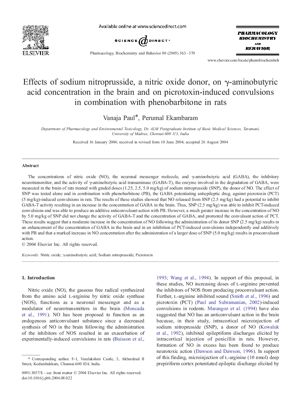 Effects of sodium nitroprusside, a nitric oxide donor, on Î³-aminobutyric acid concentration in the brain and on picrotoxin-induced convulsions in combination with phenobarbitone in rats