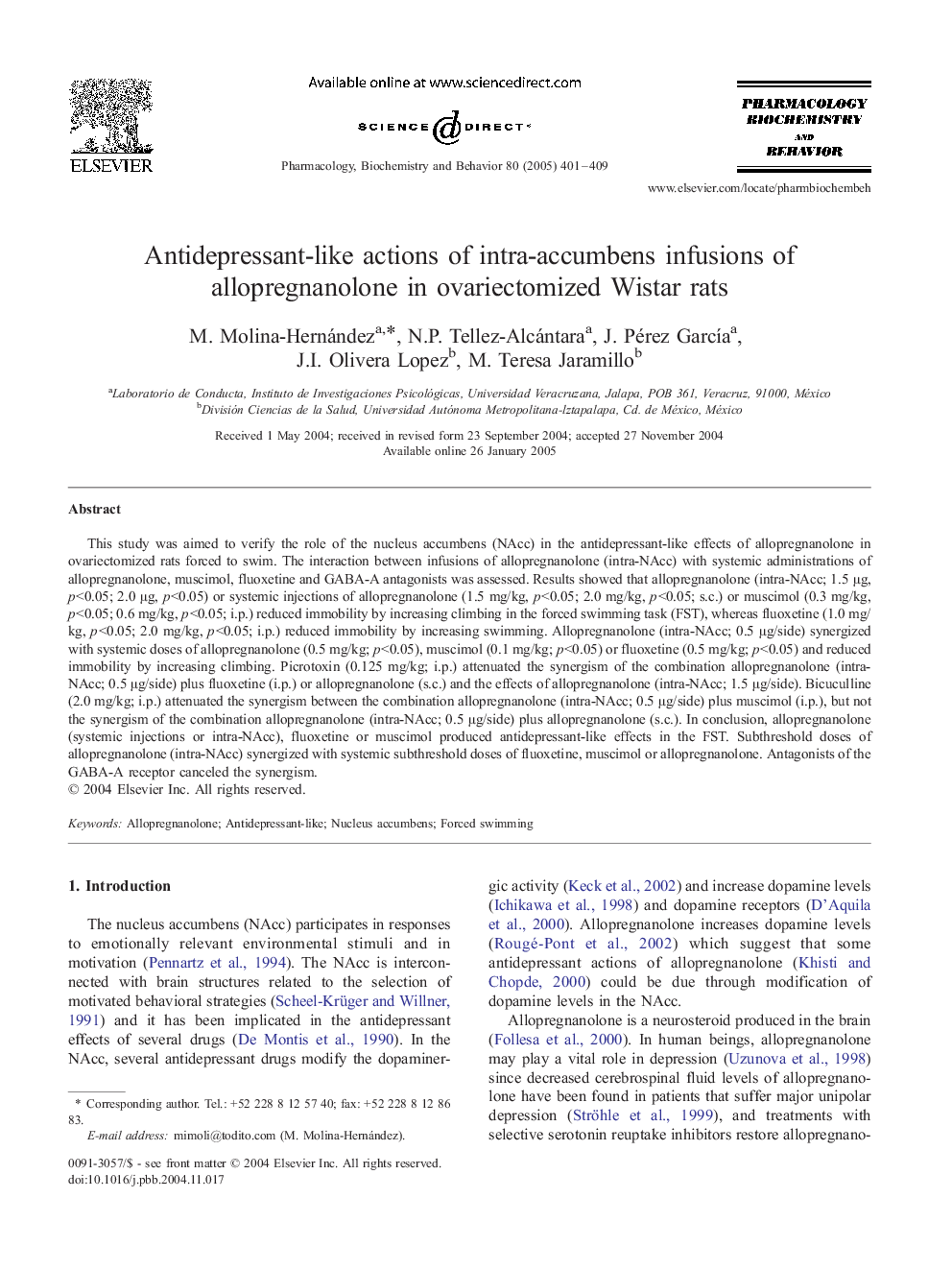 Antidepressant-like actions of intra-accumbens infusions of allopregnanolone in ovariectomized Wistar rats