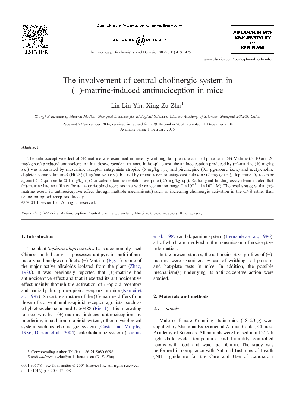 The involvement of central cholinergic system in (+)-matrine-induced antinociception in mice