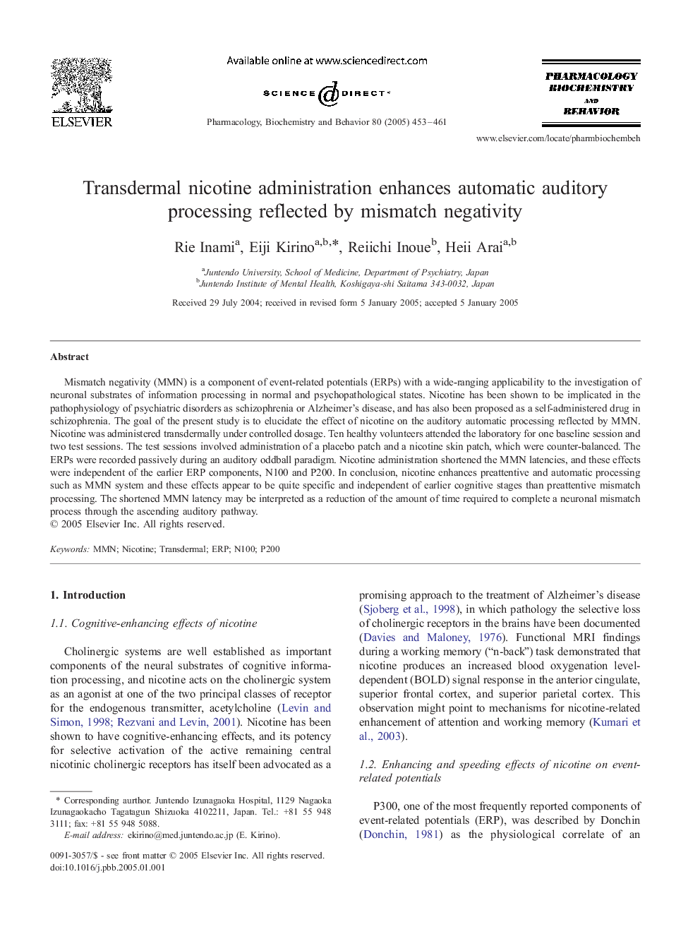 Transdermal nicotine administration enhances automatic auditory processing reflected by mismatch negativity