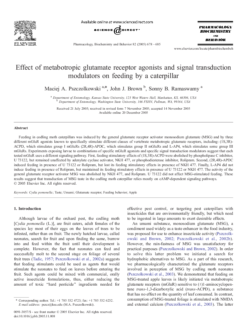 Effect of metabotropic glutamate receptor agonists and signal transduction modulators on feeding by a caterpillar