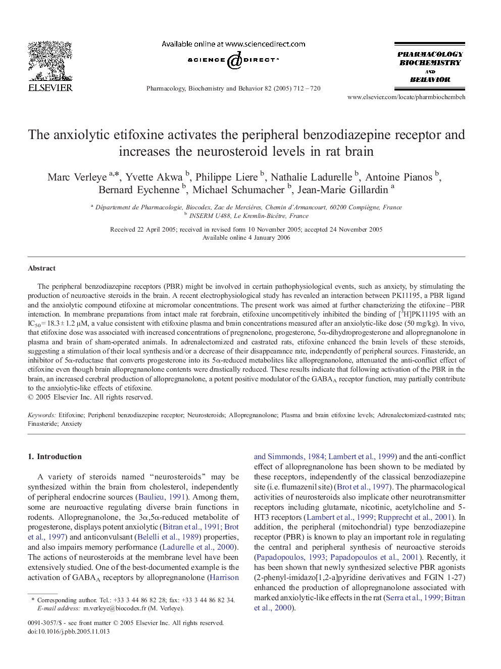 The anxiolytic etifoxine activates the peripheral benzodiazepine receptor and increases the neurosteroid levels in rat brain