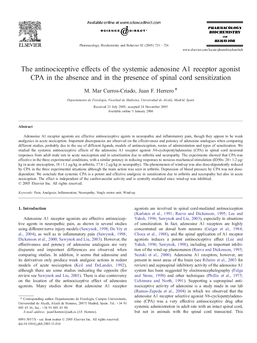 The antinociceptive effects of the systemic adenosine A1 receptor agonist CPA in the absence and in the presence of spinal cord sensitization