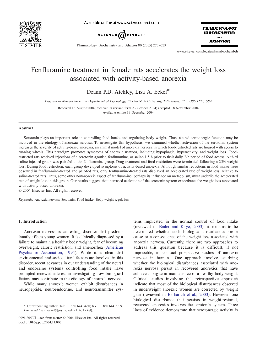 Fenfluramine treatment in female rats accelerates the weight loss associated with activity-based anorexia