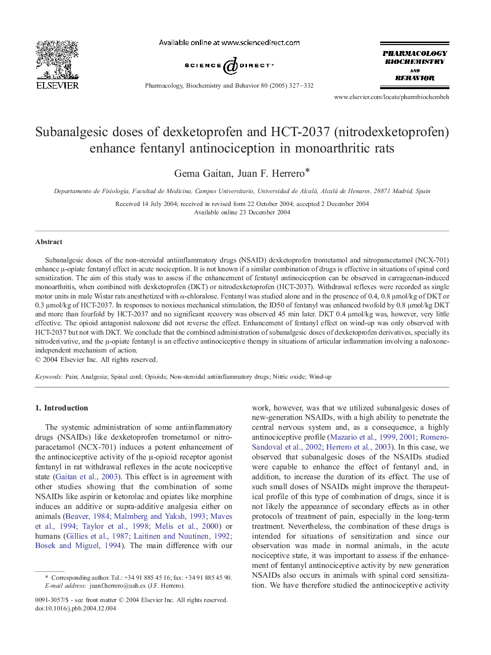 Subanalgesic doses of dexketoprofen and HCT-2037 (nitrodexketoprofen) enhance fentanyl antinociception in monoarthritic rats