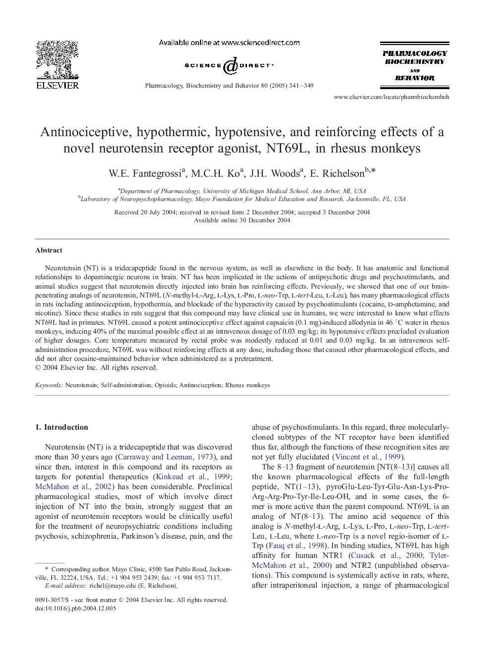 Antinociceptive, hypothermic, hypotensive, and reinforcing effects of a novel neurotensin receptor agonist, NT69L, in rhesus monkeys