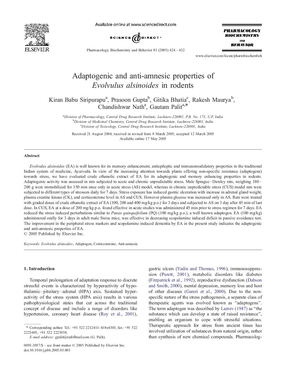 Adaptogenic and anti-amnesic properties of Evolvulus alsinoides in rodents