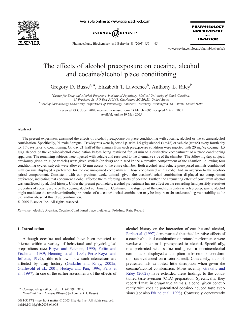 The effects of alcohol preexposure on cocaine, alcohol and cocaine/alcohol place conditioning