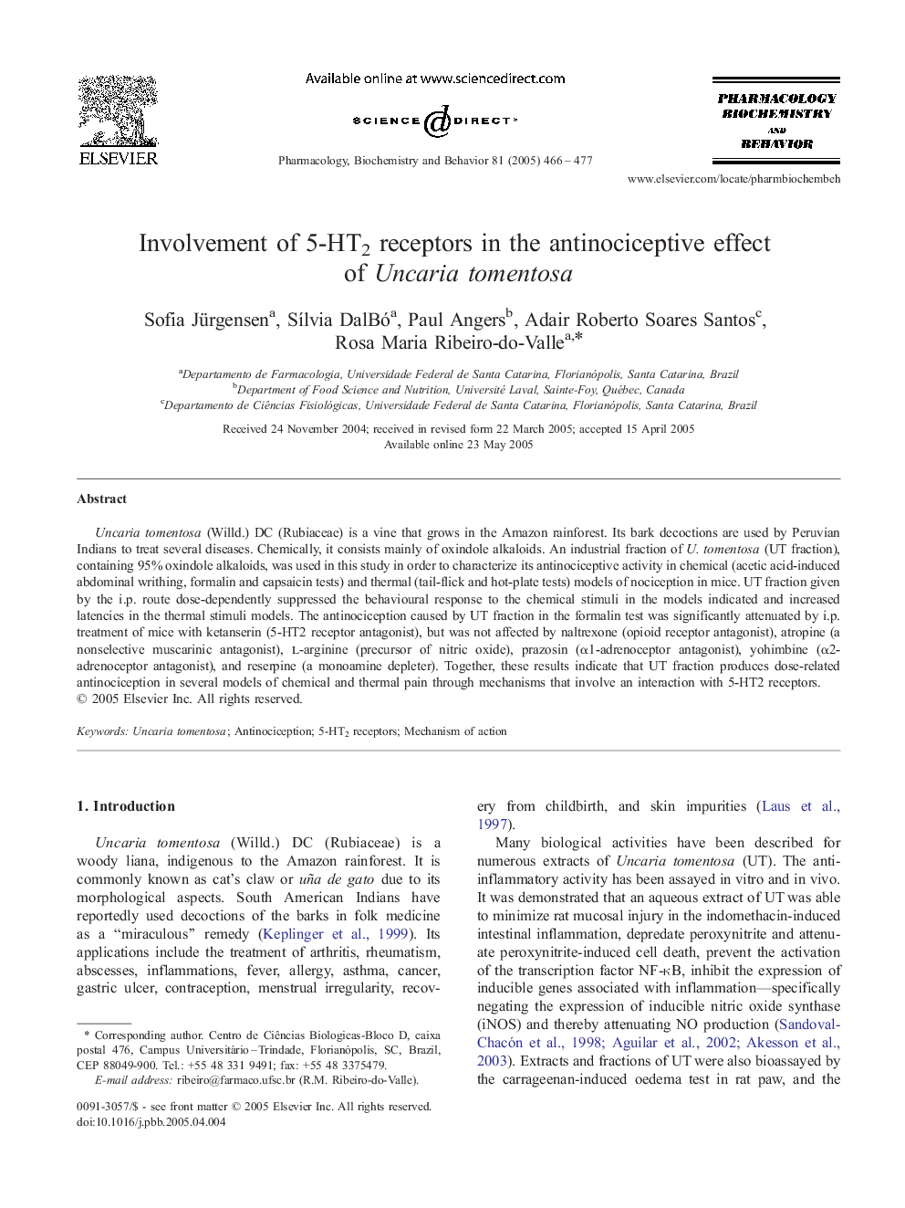 Involvement of 5-HT2 receptors in the antinociceptive effect of Uncaria tomentosa