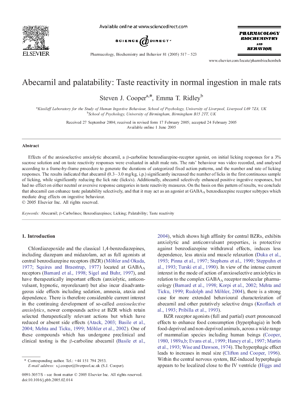 Abecarnil and palatability: Taste reactivity in normal ingestion in male rats