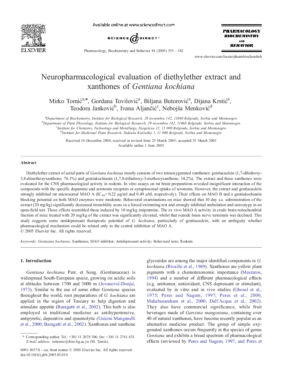 Neuropharmacological evaluation of diethylether extract and xanthones of Gentiana kochiana