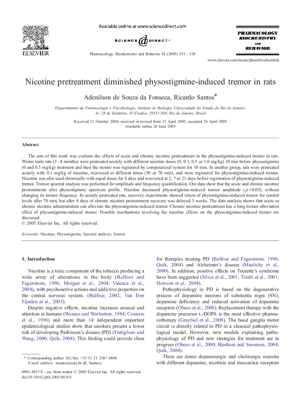 Nicotine pretreatment diminished physostigmine-induced tremor in rats