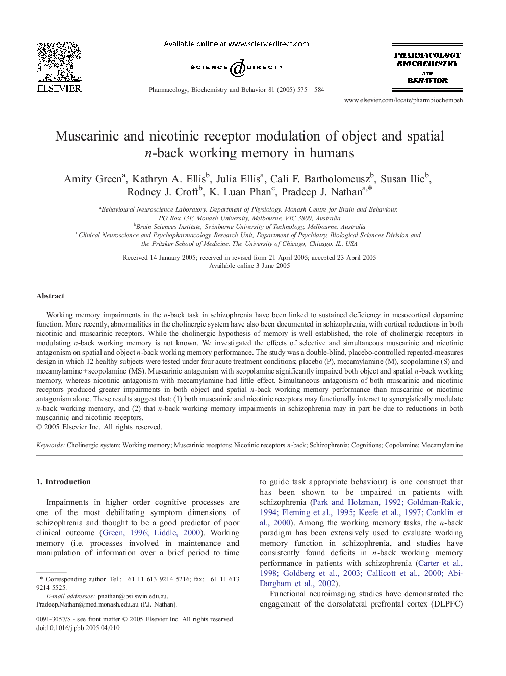 Muscarinic and nicotinic receptor modulation of object and spatial n-back working memory in humans