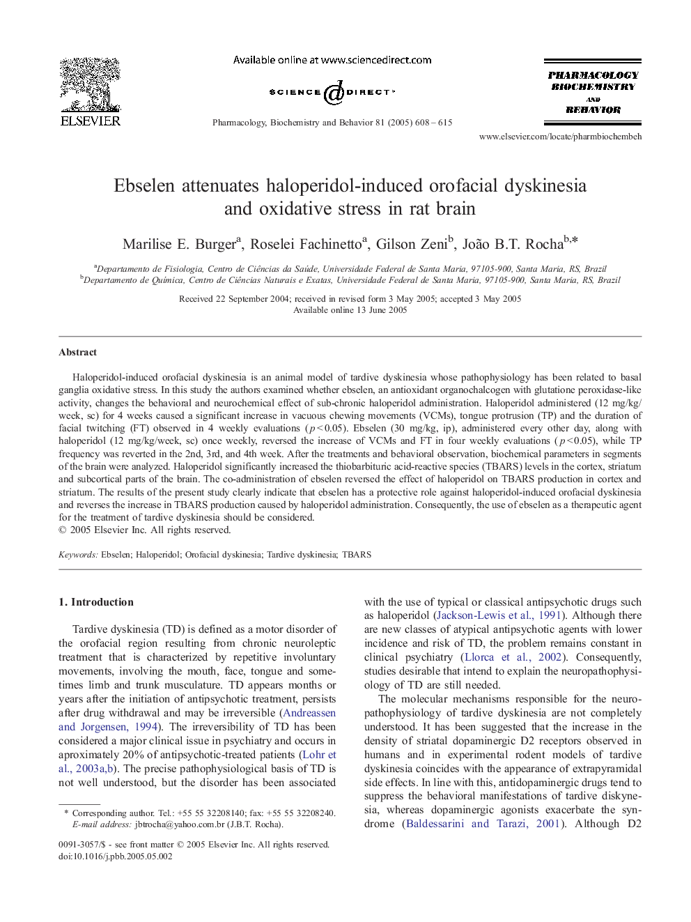 Ebselen attenuates haloperidol-induced orofacial dyskinesia and oxidative stress in rat brain