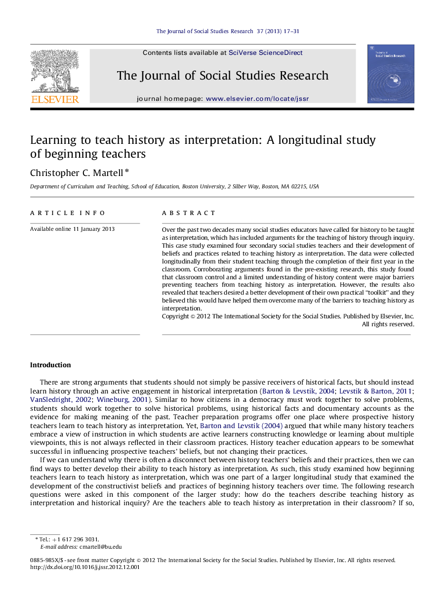 Learning to teach history as interpretation: A longitudinal study of beginning teachers