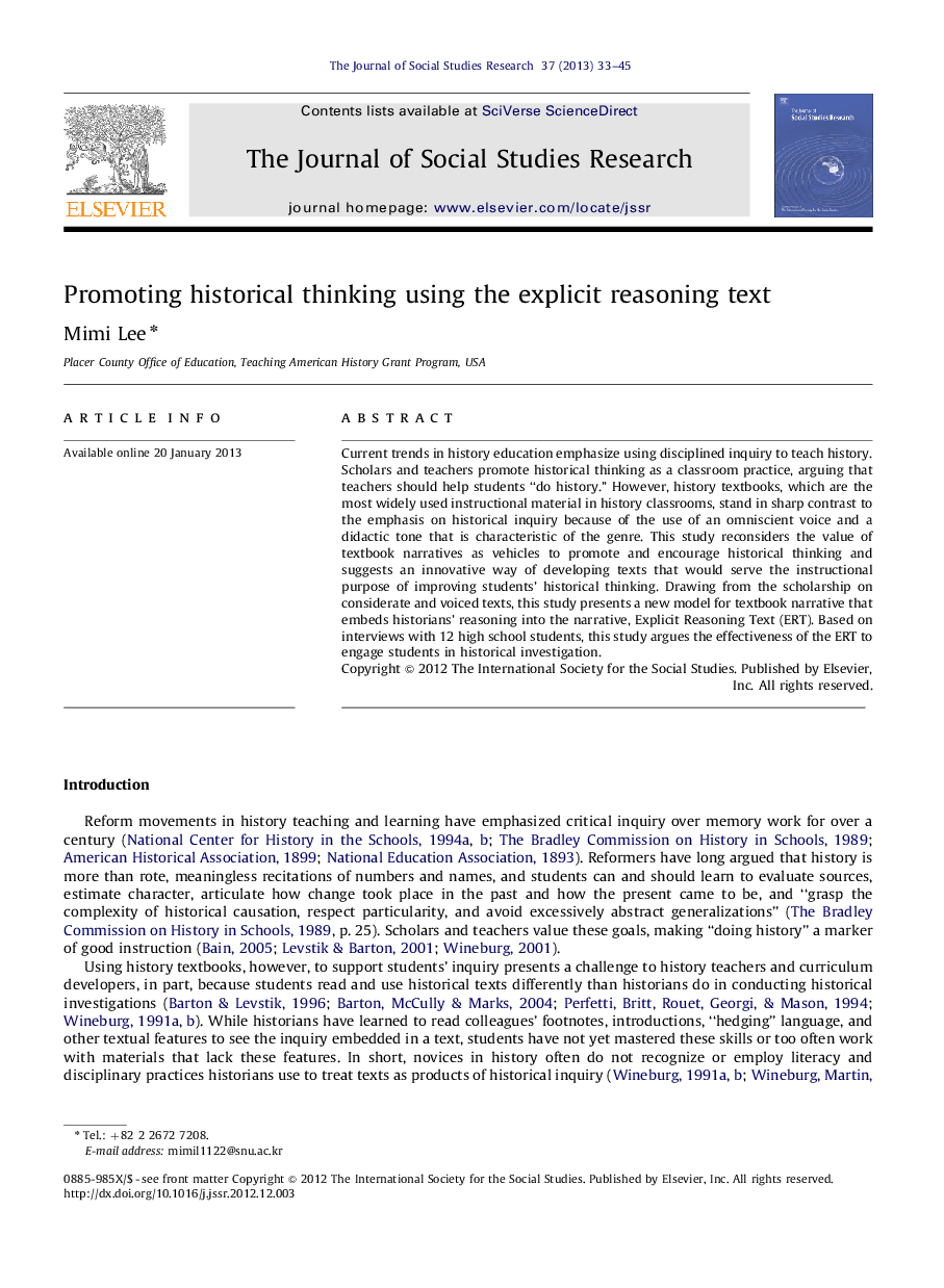 Promoting historical thinking using the explicit reasoning text